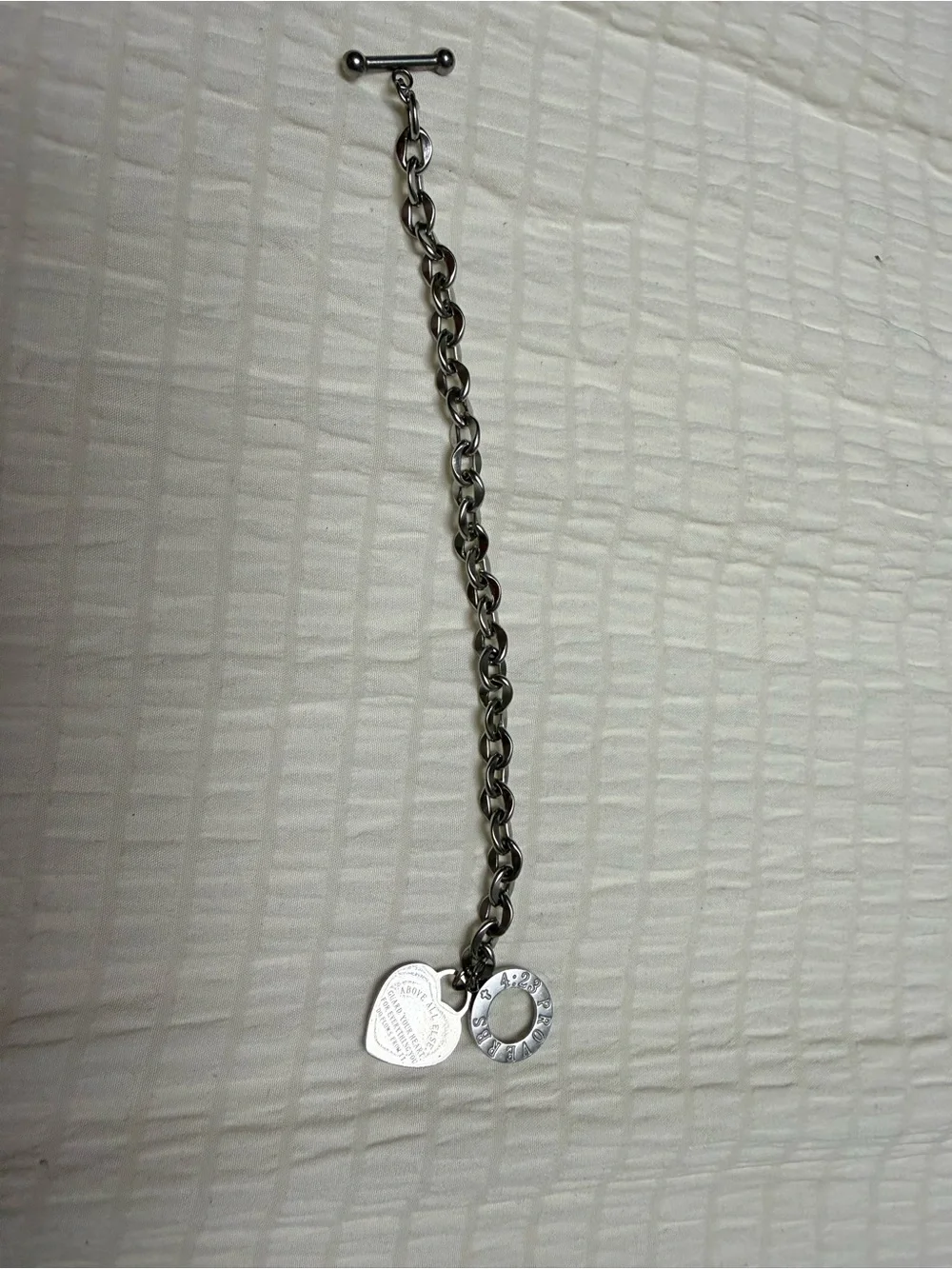Silver Toggle Chain Bracelet with Heart and Engraved Ring Charm